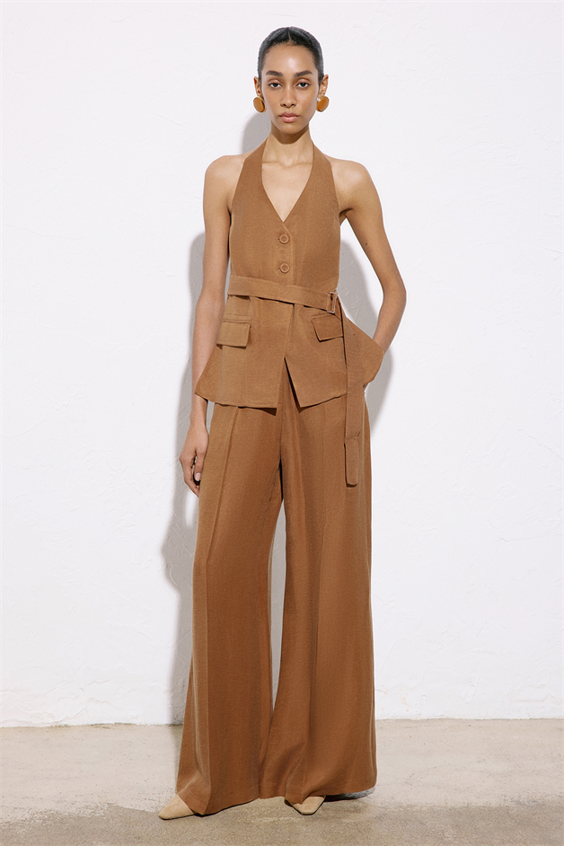 Back Cut-Out Linen Blend Brown Vest
