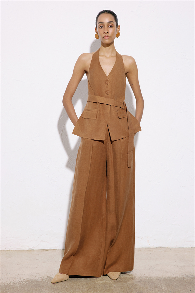 Back Cut-Out Linen Blend Brown Vest