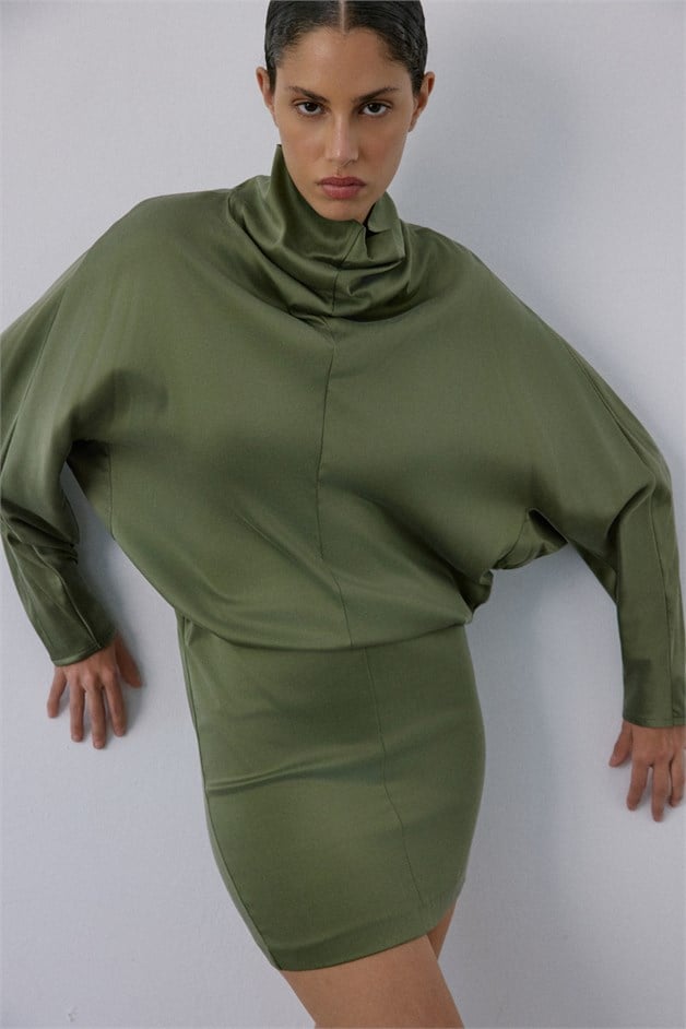 Backless Satin Mini Khaki Dress