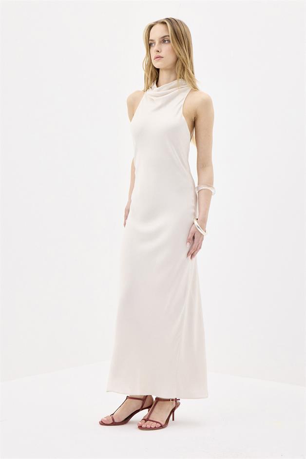 Sırt Dekolteli Şık Ekru Uzun Elbise