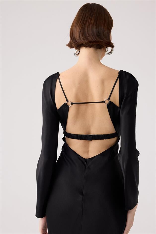 Back-Deep Black Midi Dress