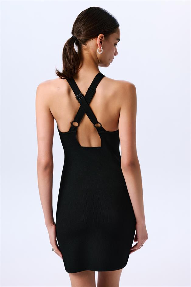 Sırt Dekolteli Triko Siyah Mini Elbise