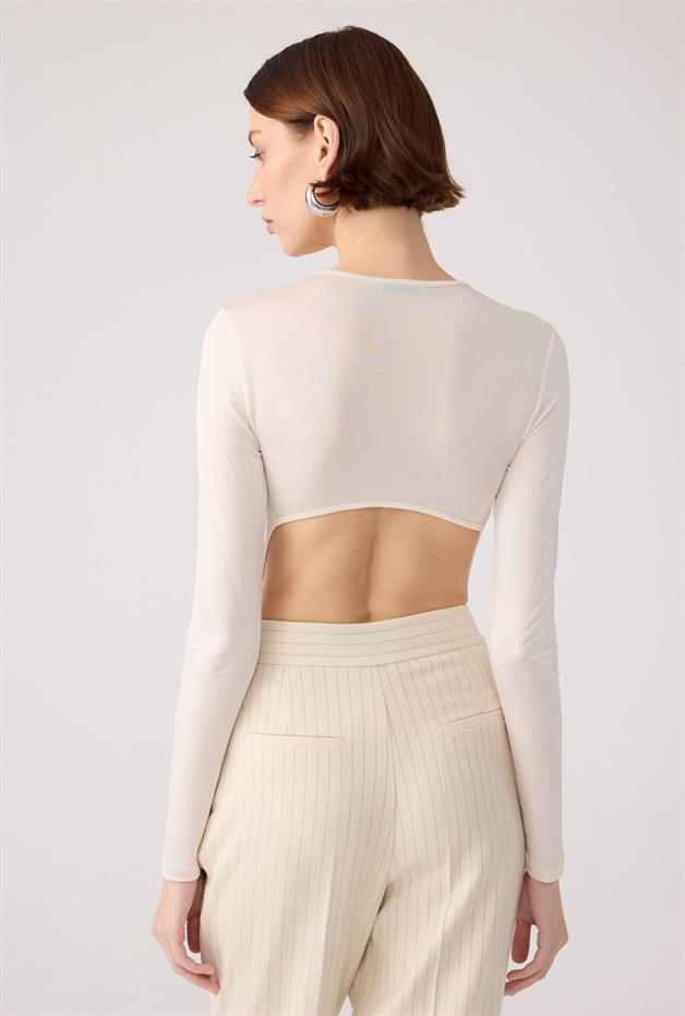 Open-Back Long-Sleeve Ecru Bodysuit
