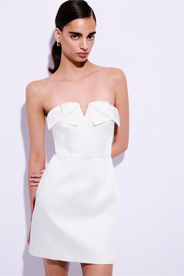 Straplez Degaje Detaylı Ekru Mini Elbise