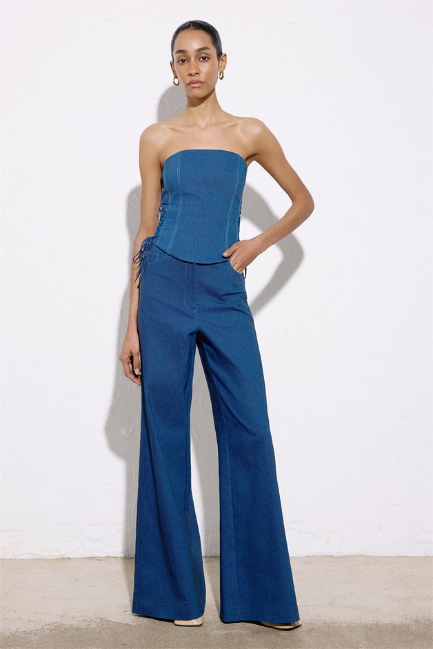 Strapless Denim Textured Crop Blue Bustier