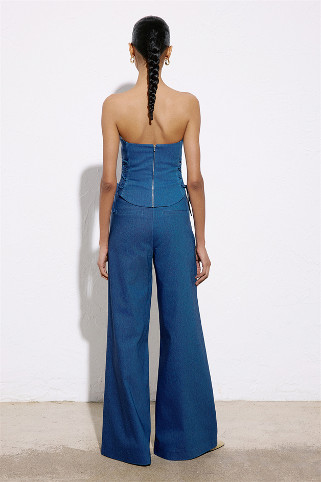 Strapless Denim Textured Crop Blue Bustier