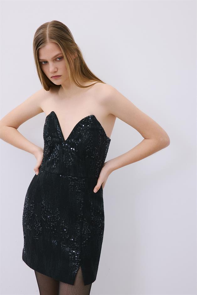 Straplez Payet Mini Siyah Elbise