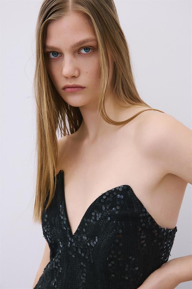 Straplez Payet Mini Siyah Elbise