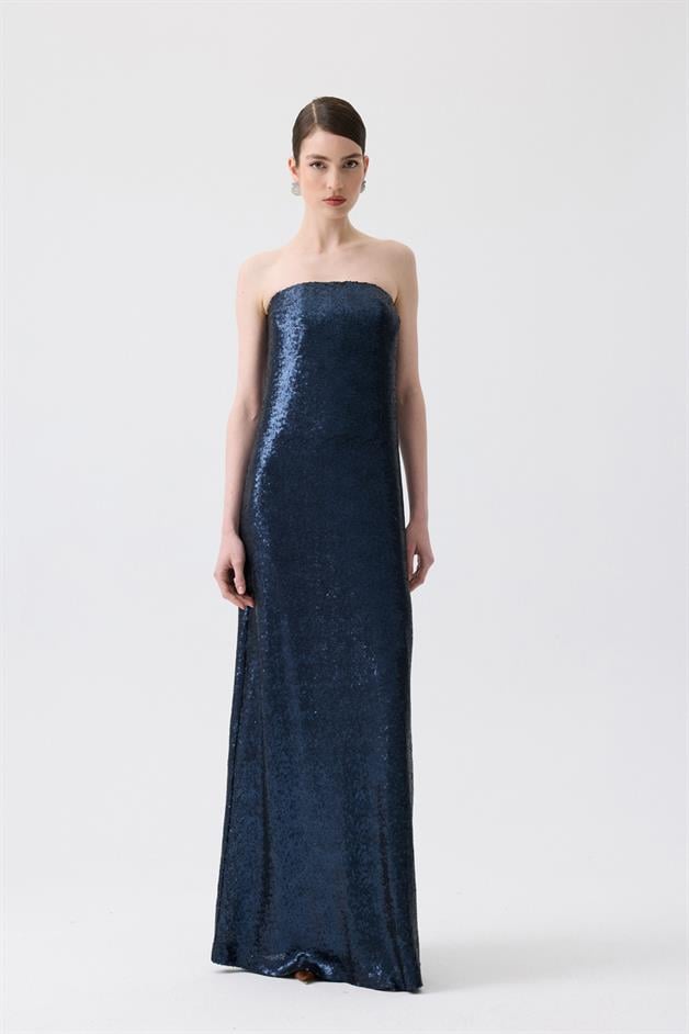 Strapless Long Navy Blue Sequin Dress