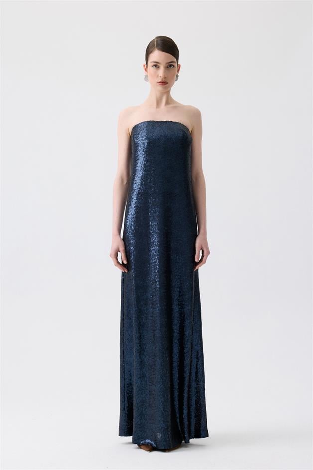 Strapless Long Navy Blue Sequin Dress