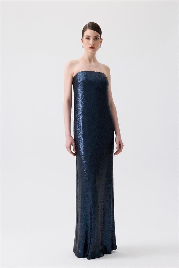 Strapless Long Navy Blue Sequin Dress