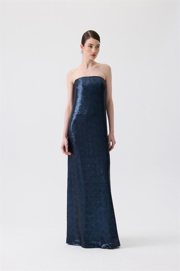 Strapless Long Navy Blue Sequin Dress