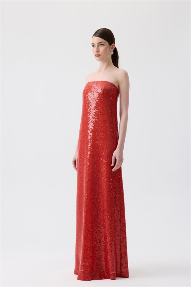 Strapless Long Orange Sequin Dress