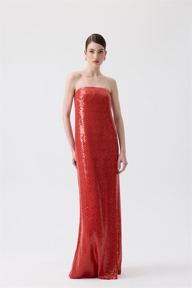 Strapless Long Orange Sequin Dress