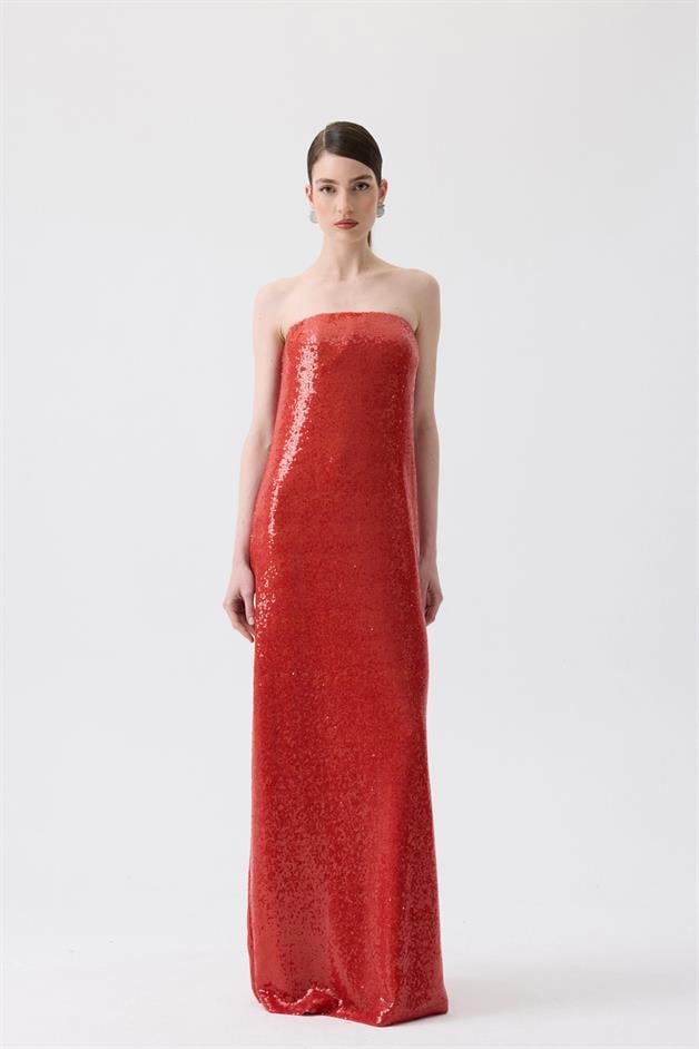 Strapless Long Orange Sequin Dress