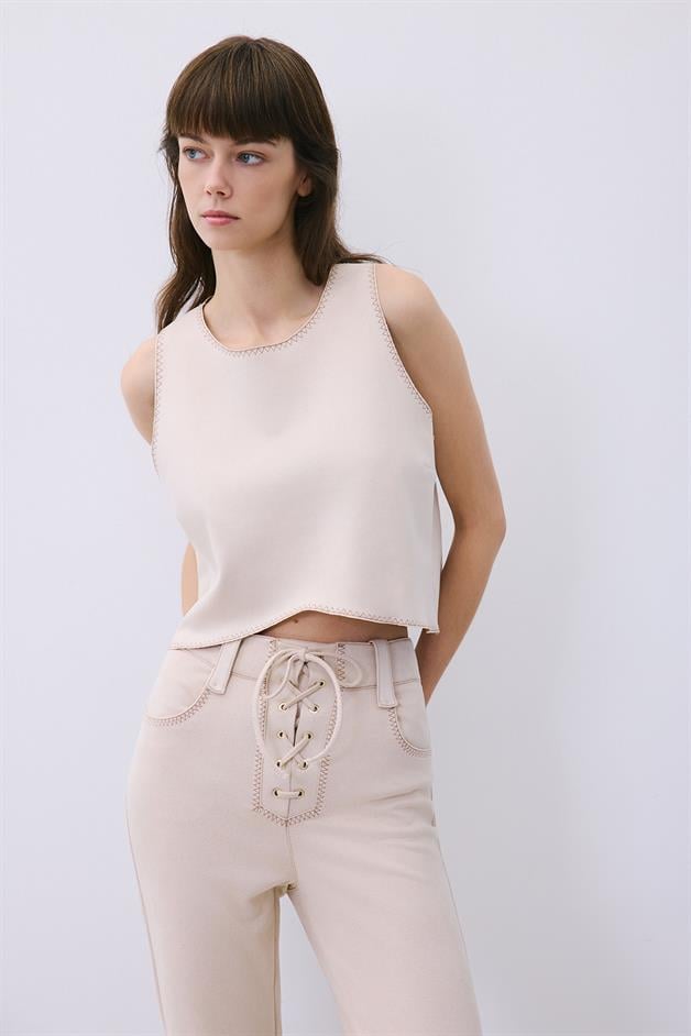Beige Suede Crop Blouse with Contrast Stitch