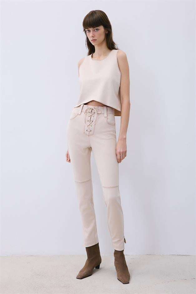 Beige Suede Crop Blouse with Contrast Stitch