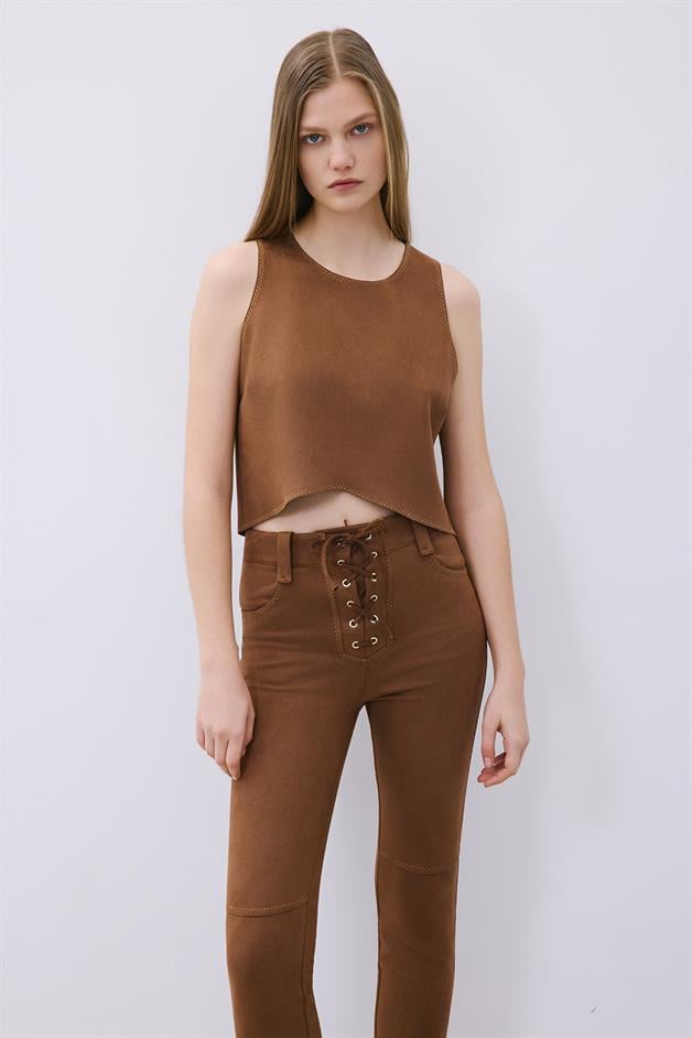 Brown Suede Crop Blouse with Contrast Stitch