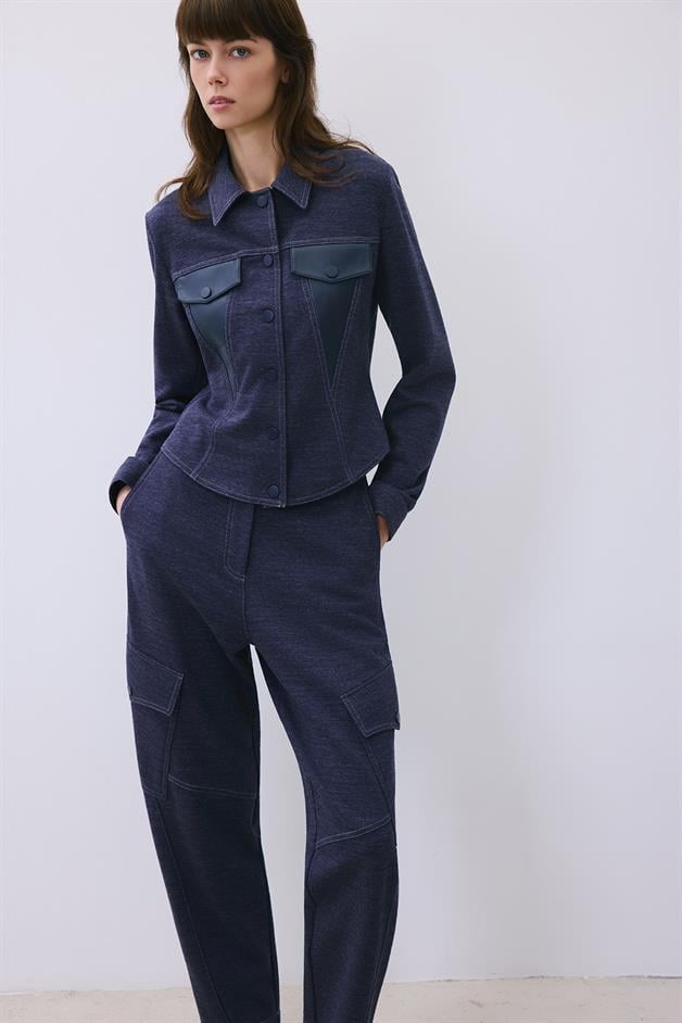 Indigo Knit Shirt with Faux Leather Detail
