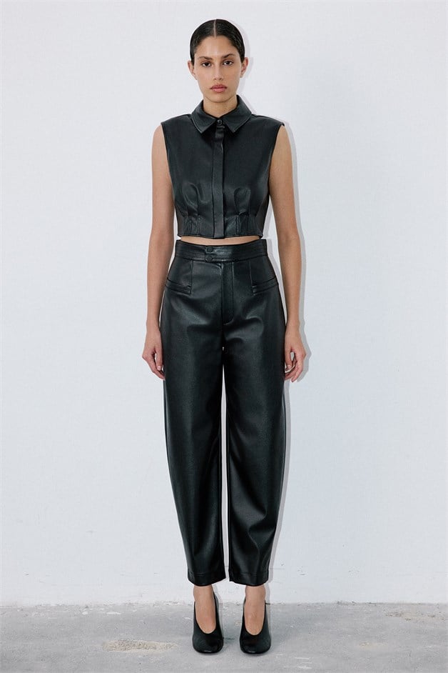 Faux Leather Sleeveless Crop Black Shirt
