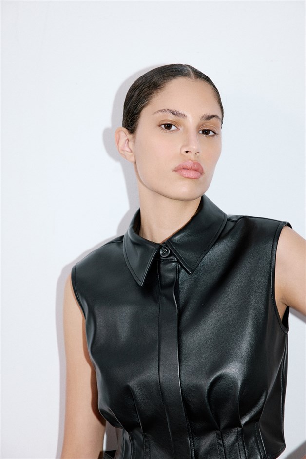 Faux Leather Sleeveless Crop Black Shirt