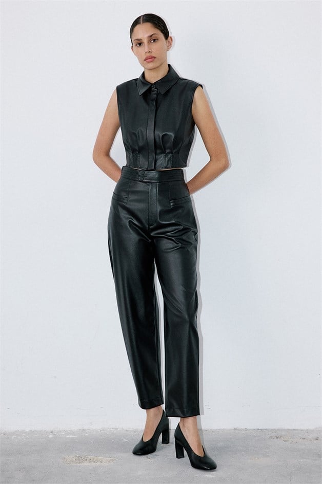 Faux Leather Sleeveless Crop Black Shirt