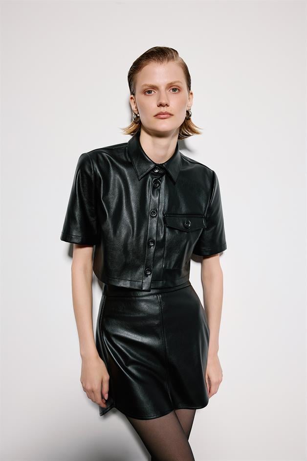 Black Faux Leather Crop Shirt With Single Pocket