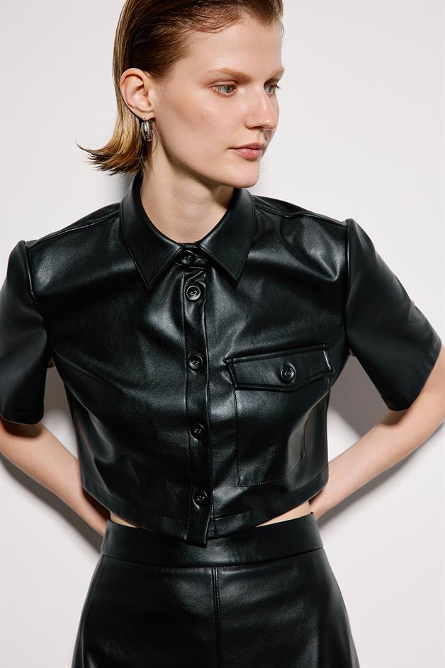 Black Faux Leather Crop Shirt With Single Pocket