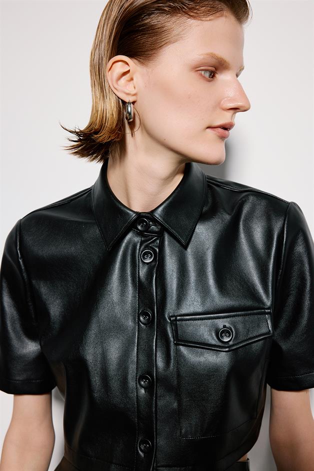 Black Faux Leather Crop Shirt With Single Pocket