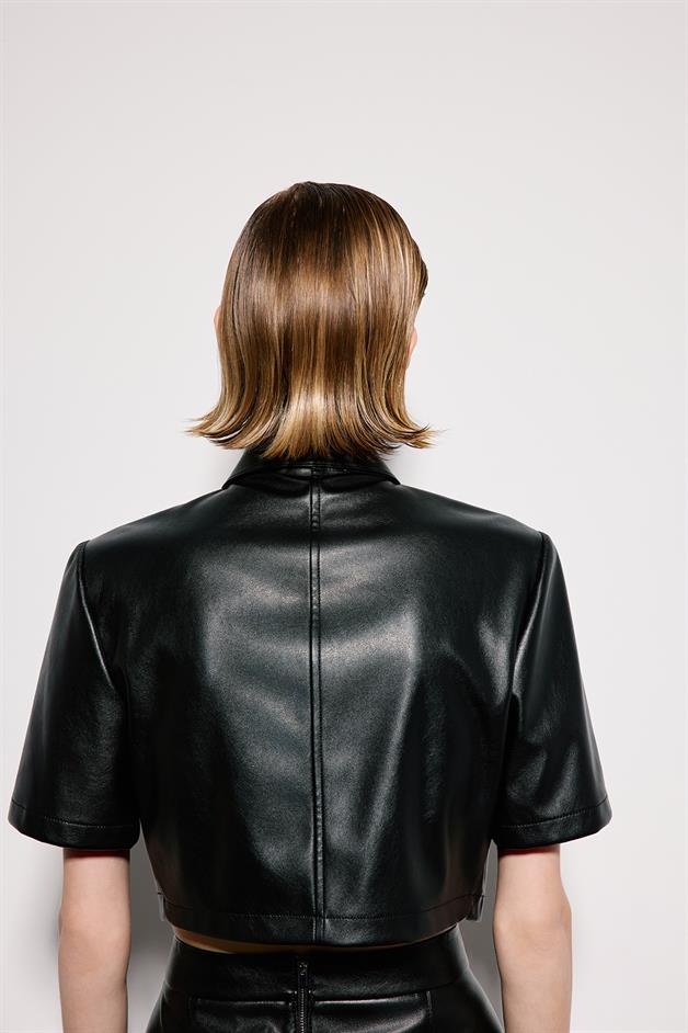 Black Faux Leather Crop Shirt With Single Pocket
