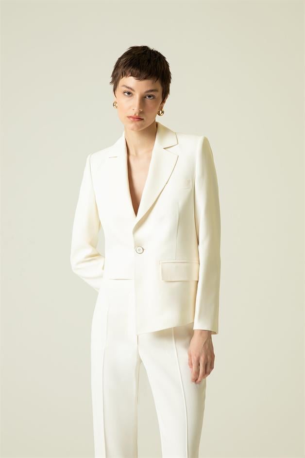 Single Button Detail Asymmetric Ecru Jacket