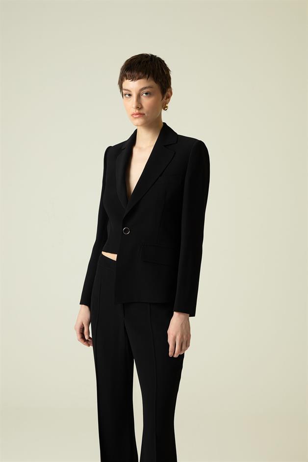 Single Button Detail Asymmetric Black Jacket