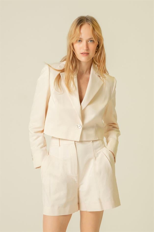 Single Button Detail Ecru Crop Jacket