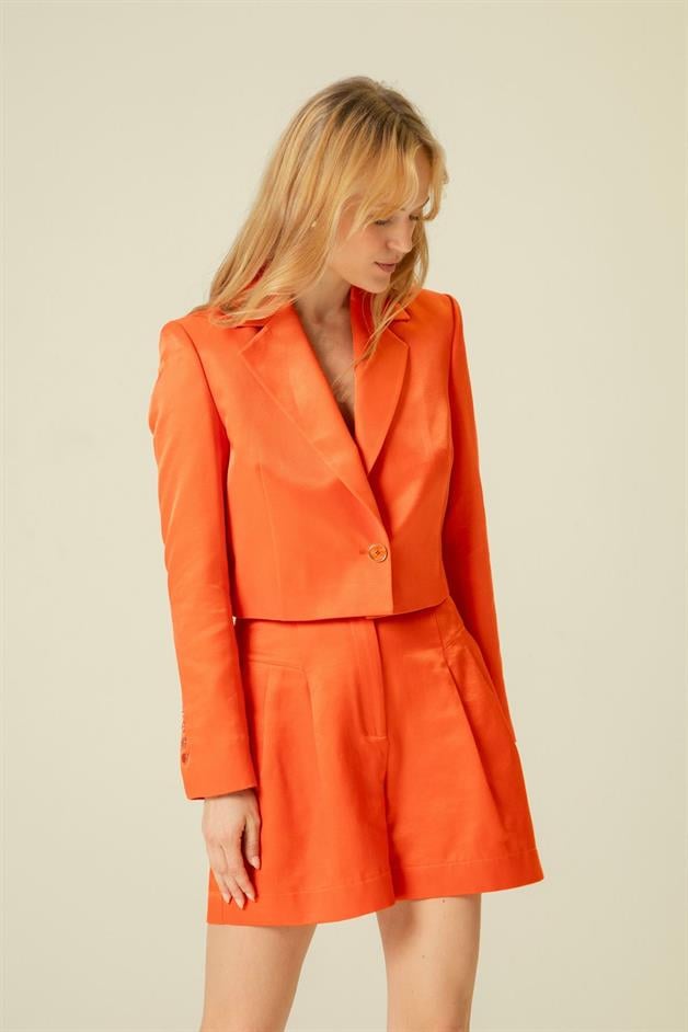 Single Button Detail Coral Crop Jacket