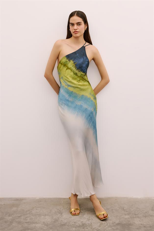 Tek Omuz Degrade Midi Yeşil Elbise