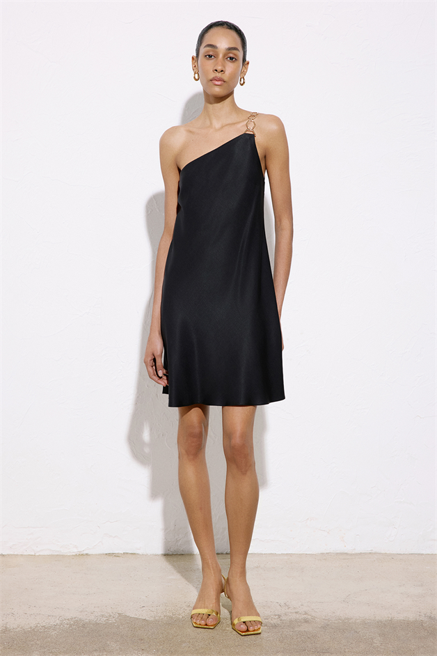 Tek Omuz Gold Aksesuar Detaylı Mini Siyah Elbise