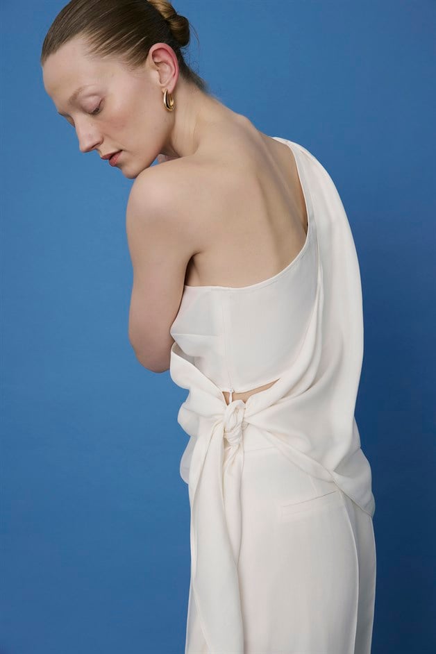 One Shoulder Side Tie Ecru Blouse