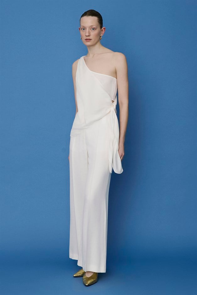 One Shoulder Side Tie Ecru Blouse