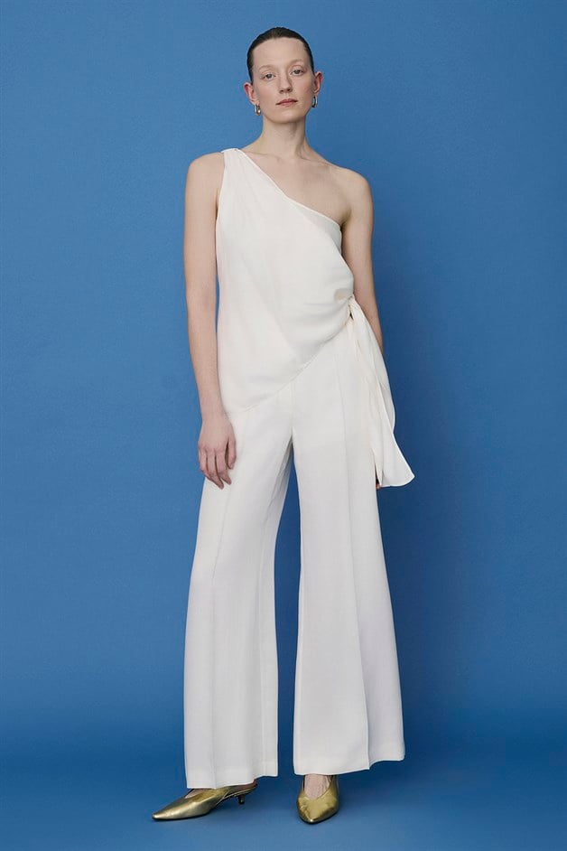 One Shoulder Side Tie Ecru Blouse