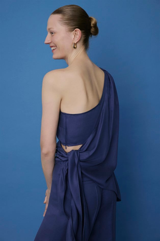 One Shoulder Side Tie Indigo Blouse