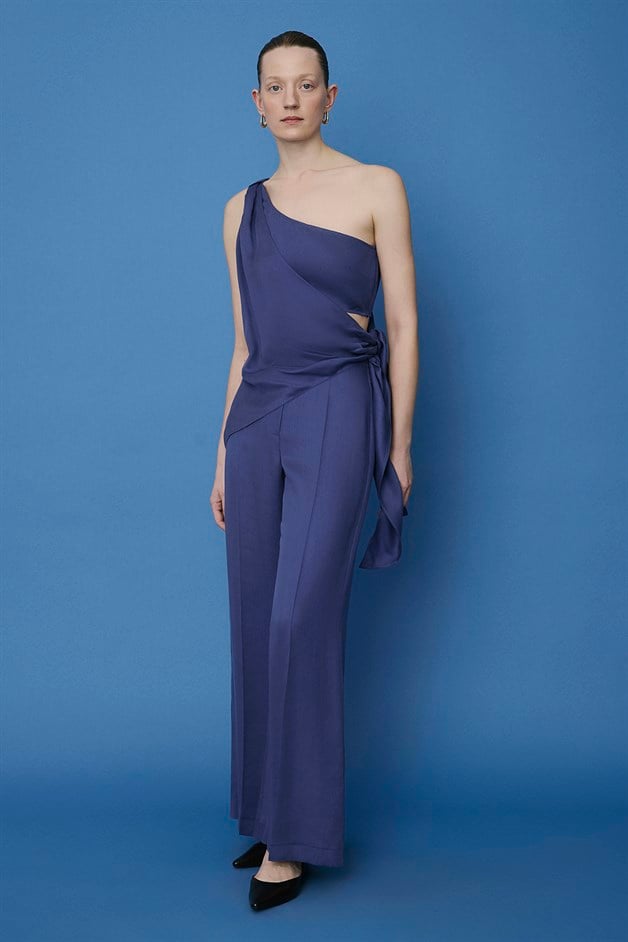 One Shoulder Side Tie Indigo Blouse