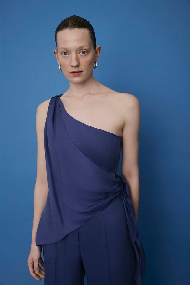 One Shoulder Side Tie Indigo Blouse