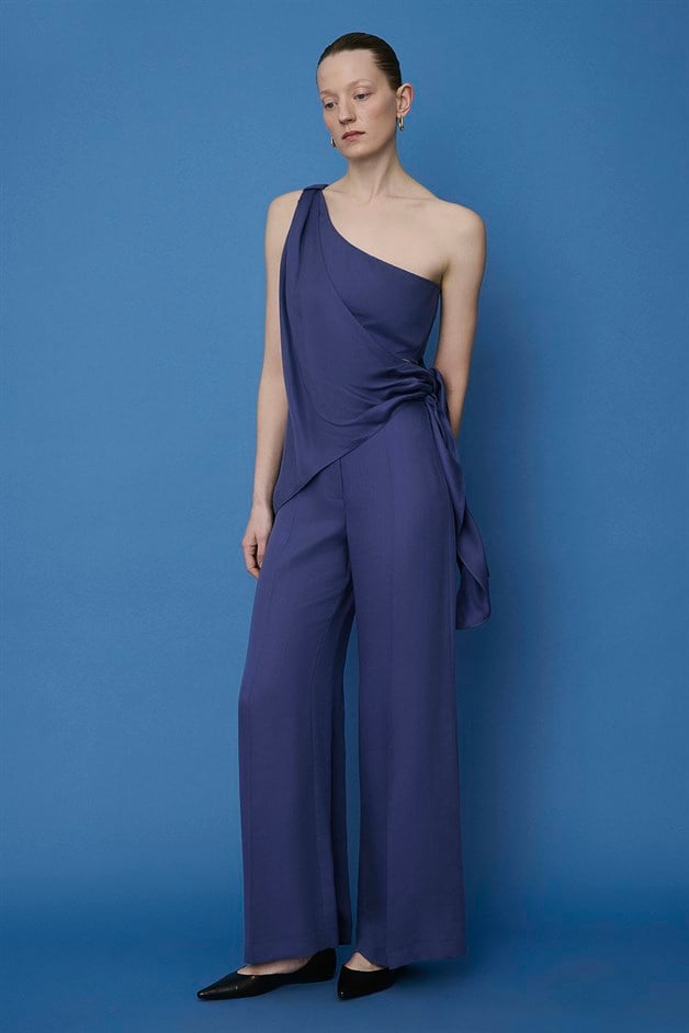 One Shoulder Side Tie Indigo Blouse