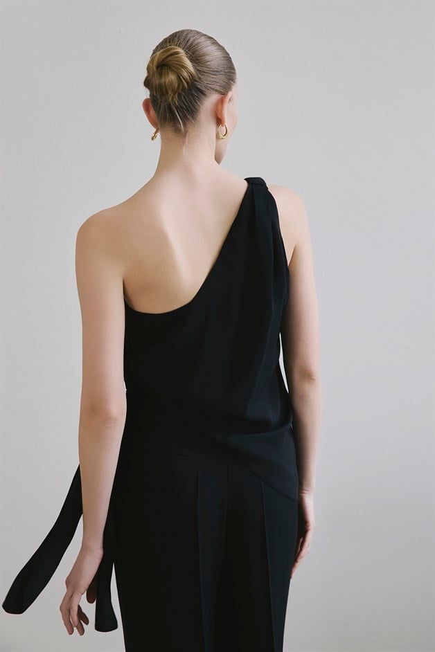 One Shoulder Side Tie Black Blouse