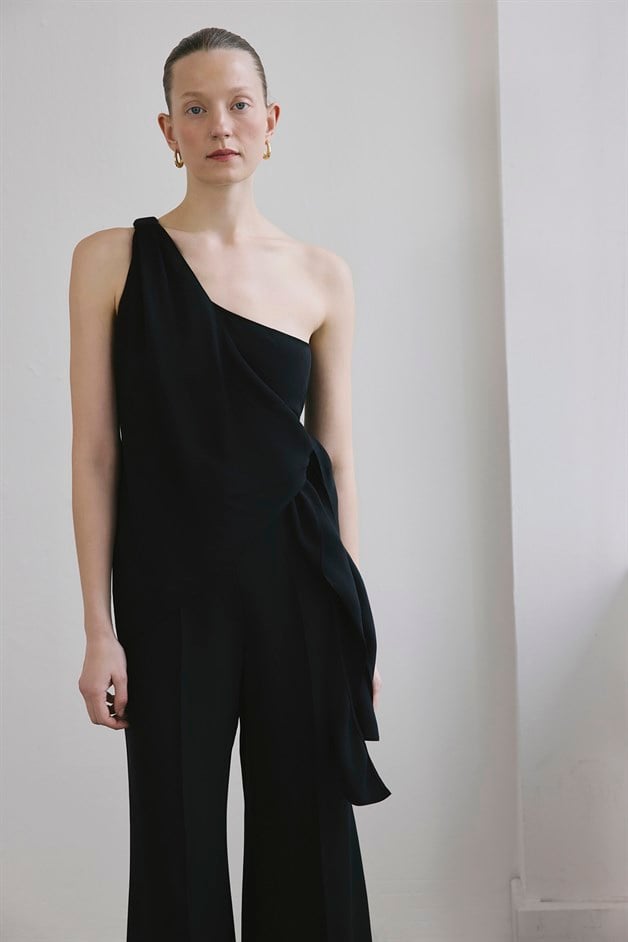 One Shoulder Side Tie Black Blouse