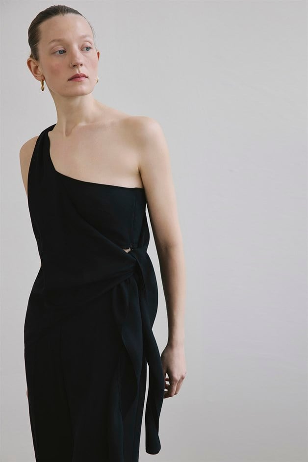 One Shoulder Side Tie Black Blouse