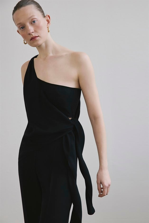 One Shoulder Side Tie Black Blouse