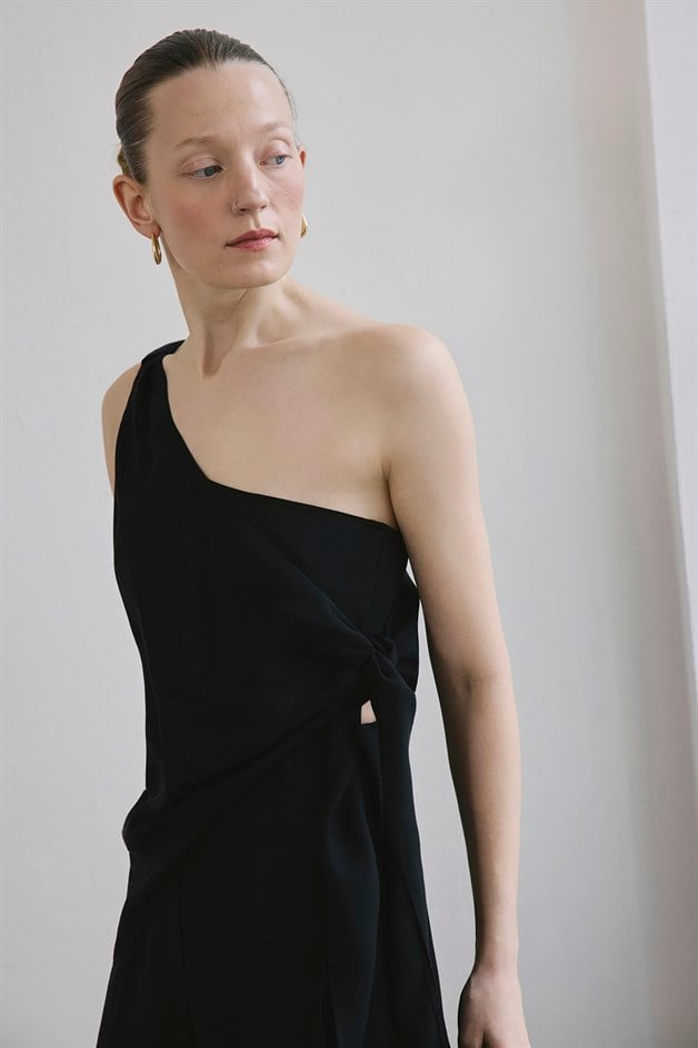 One Shoulder Side Tie Black Blouse