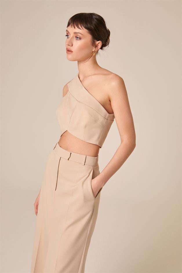 Tek Omuzlu Bej Crop Top