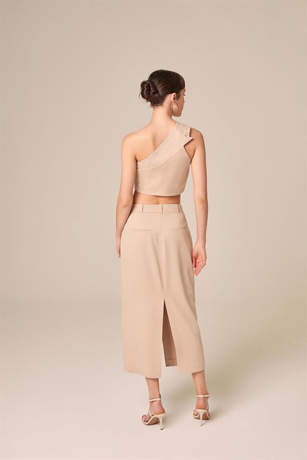 Tek Omuzlu Bej Crop Top